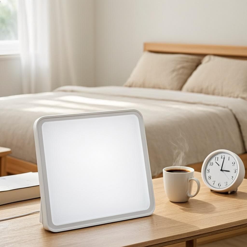 Bright light lamp on during breakfast next to the Solemorn sunrise clock