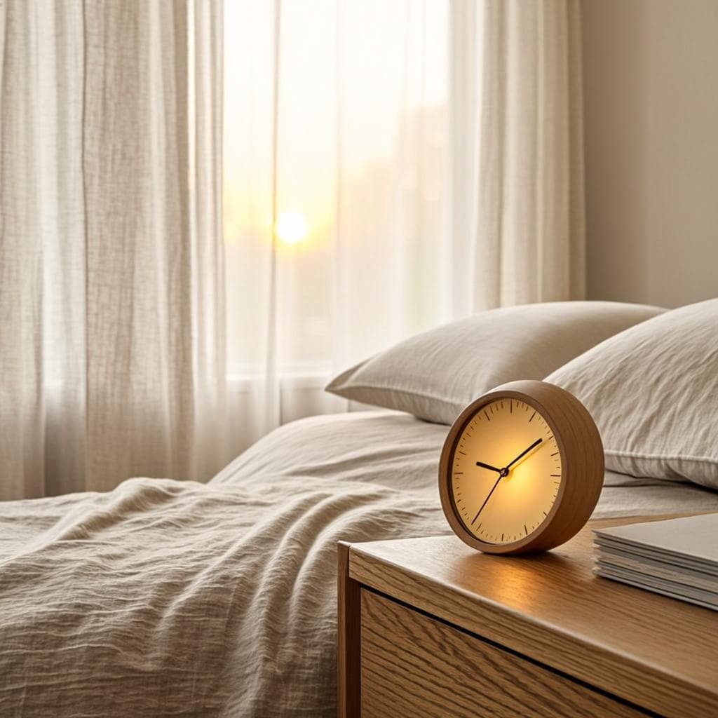 Solemorn clock glowing as a soft rose nightlight in a dark bedroom