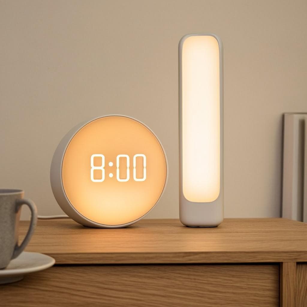 Winter Mornings Duo bundle: Solemorn sunrise alarm clock and 10,000 lux bright-light lamp side by side
