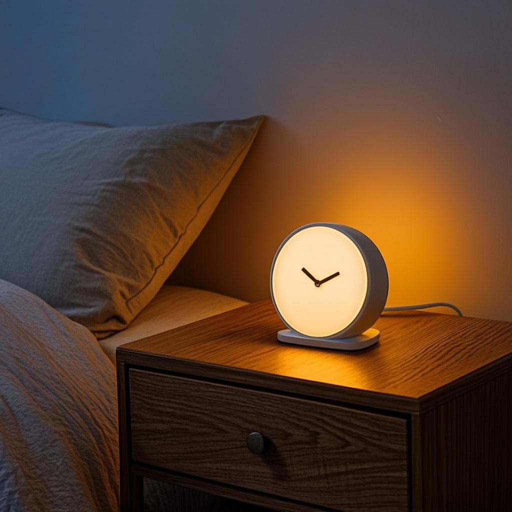 Solemorn sunrise alarm clock on a wooden nightstand beside a bed with linen sheets